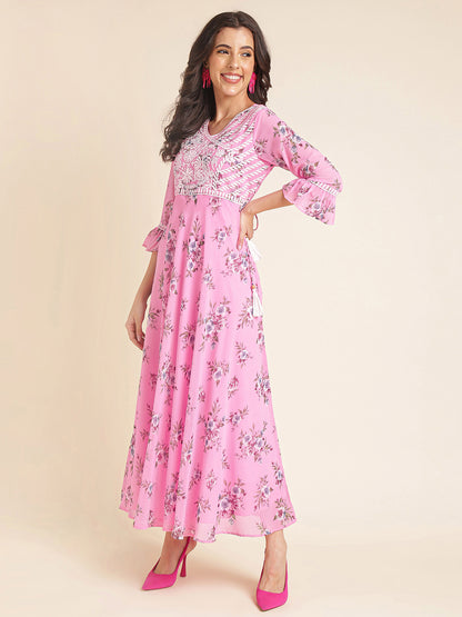 Baby Pink Printed Georgette Gown