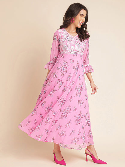 Baby Pink Printed Georgette Gown