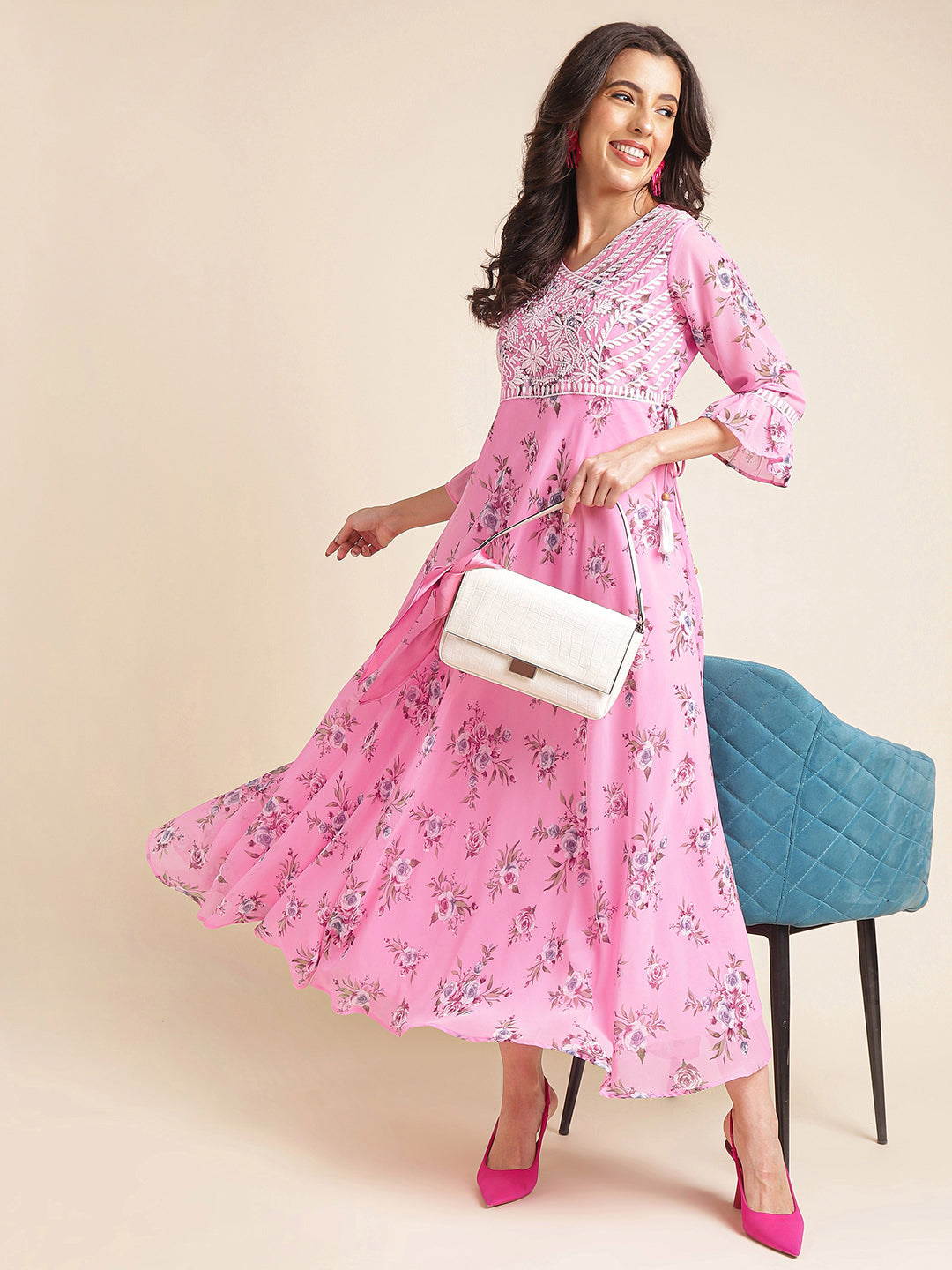 Baby Pink Printed Georgette Gown