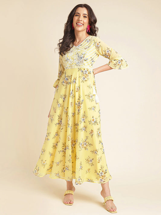 Yellow Printed & Embroidered Flared Georgette Gown