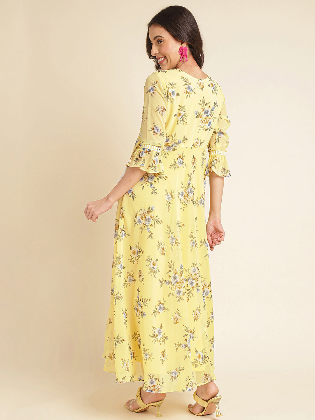 Yellow Printed & Embroidered Flared Georgette Gown