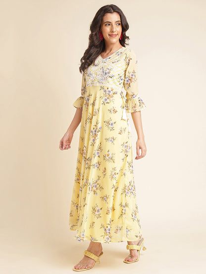 Yellow Printed & Embroidered Flared Georgette Gown