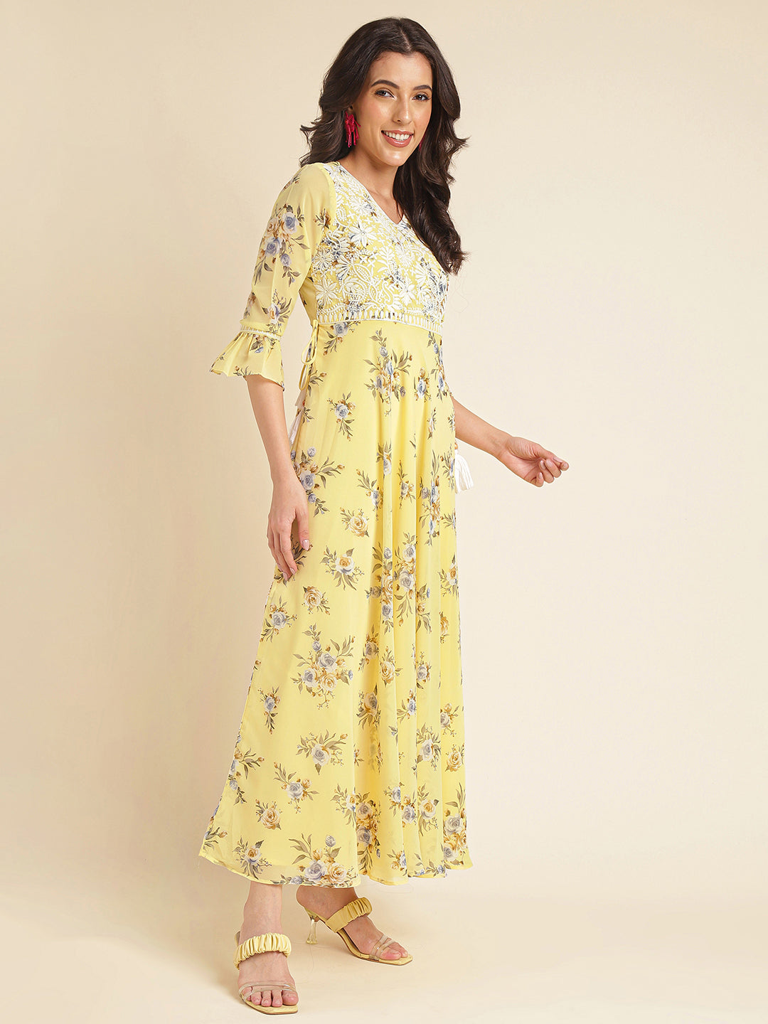 Yellow Printed & Embroidered Flared Georgette Gown