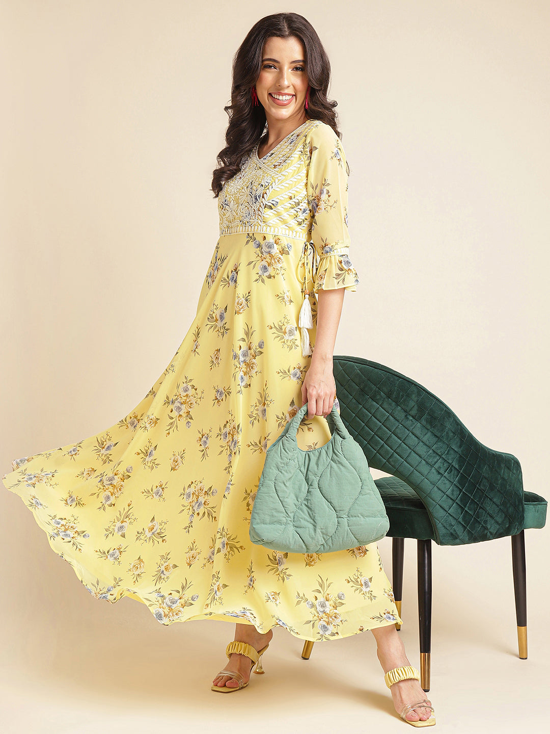 Yellow Printed & Embroidered Flared Georgette Gown