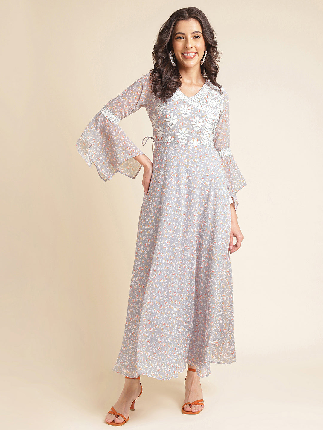 Pale Lavender Printed & Embroidered Georgette Gown