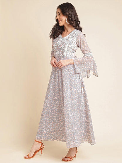 Pale Lavender Printed & Embroidered Georgette Gown