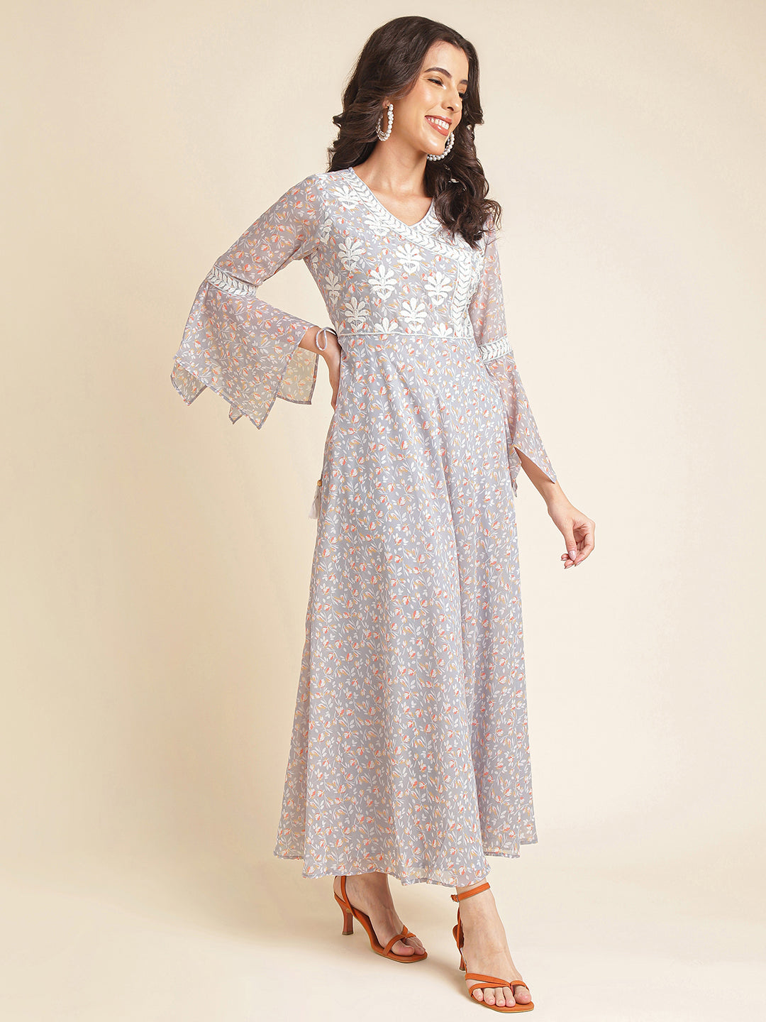 Pale Lavender Printed & Embroidered Georgette Gown