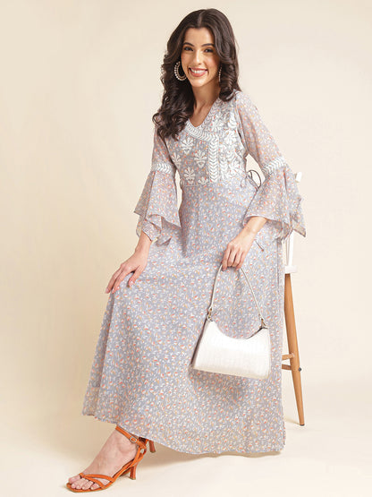 Pale Lavender Printed & Embroidered Georgette Gown