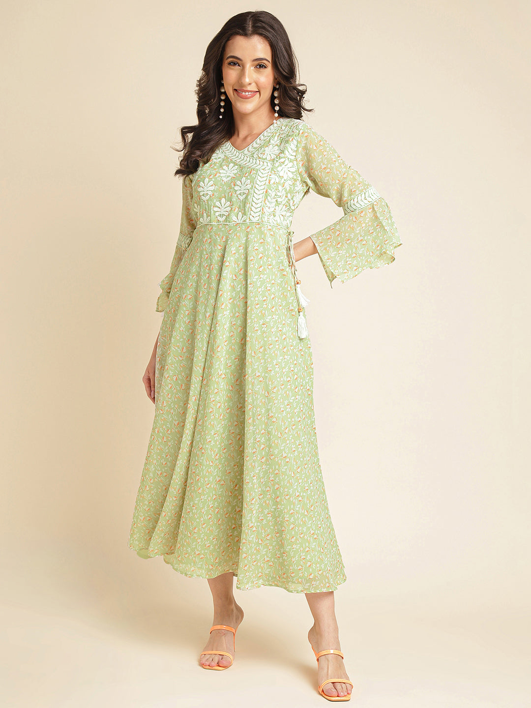 Light Green Printed & Embroidered Flared Georgette Gown