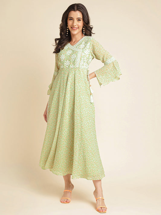 Light Green Printed & Embroidered Flared Georgette Gown