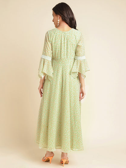 Light Green Printed & Embroidered Flared Georgette Gown