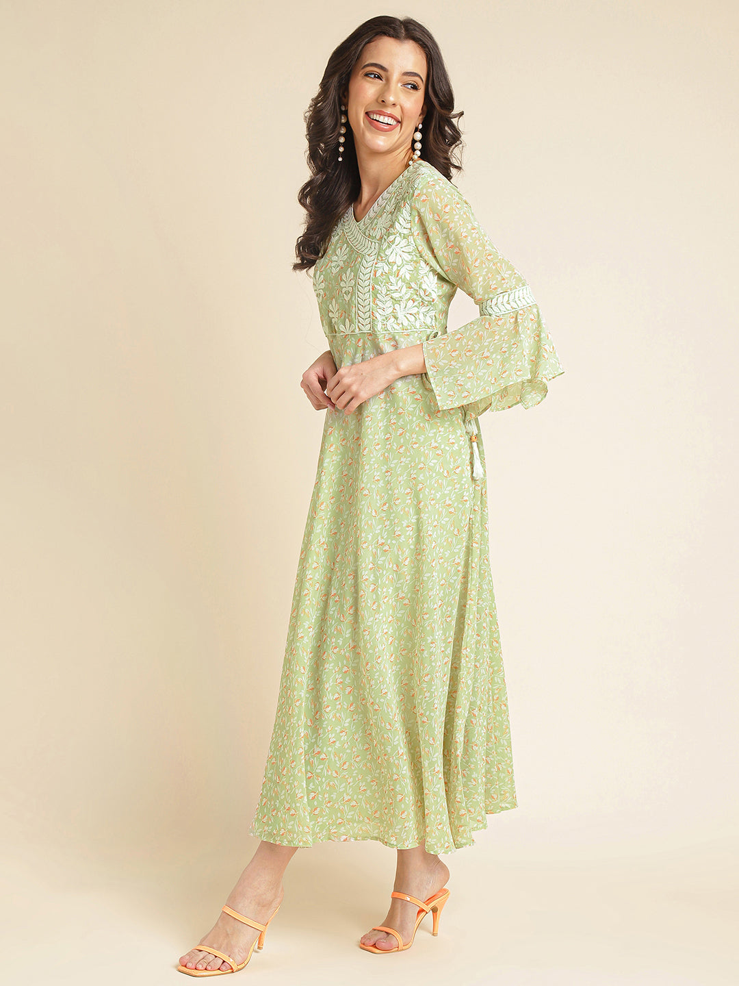 Light Green Printed & Embroidered Flared Georgette GownLight Green Printed & Embroidered Flared Georgette Gown