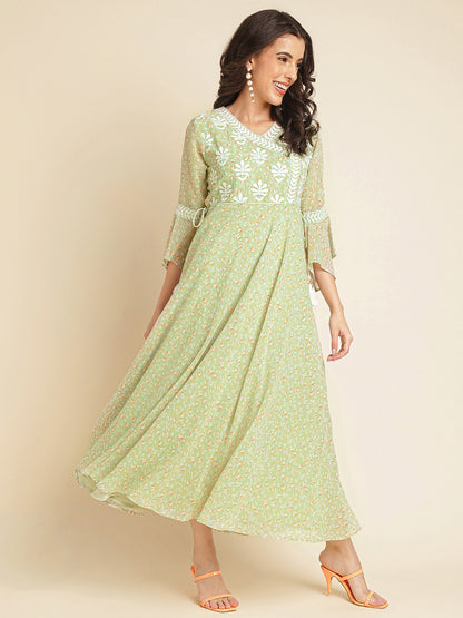 Light Green Printed & Embroidered Flared Georgette Gown