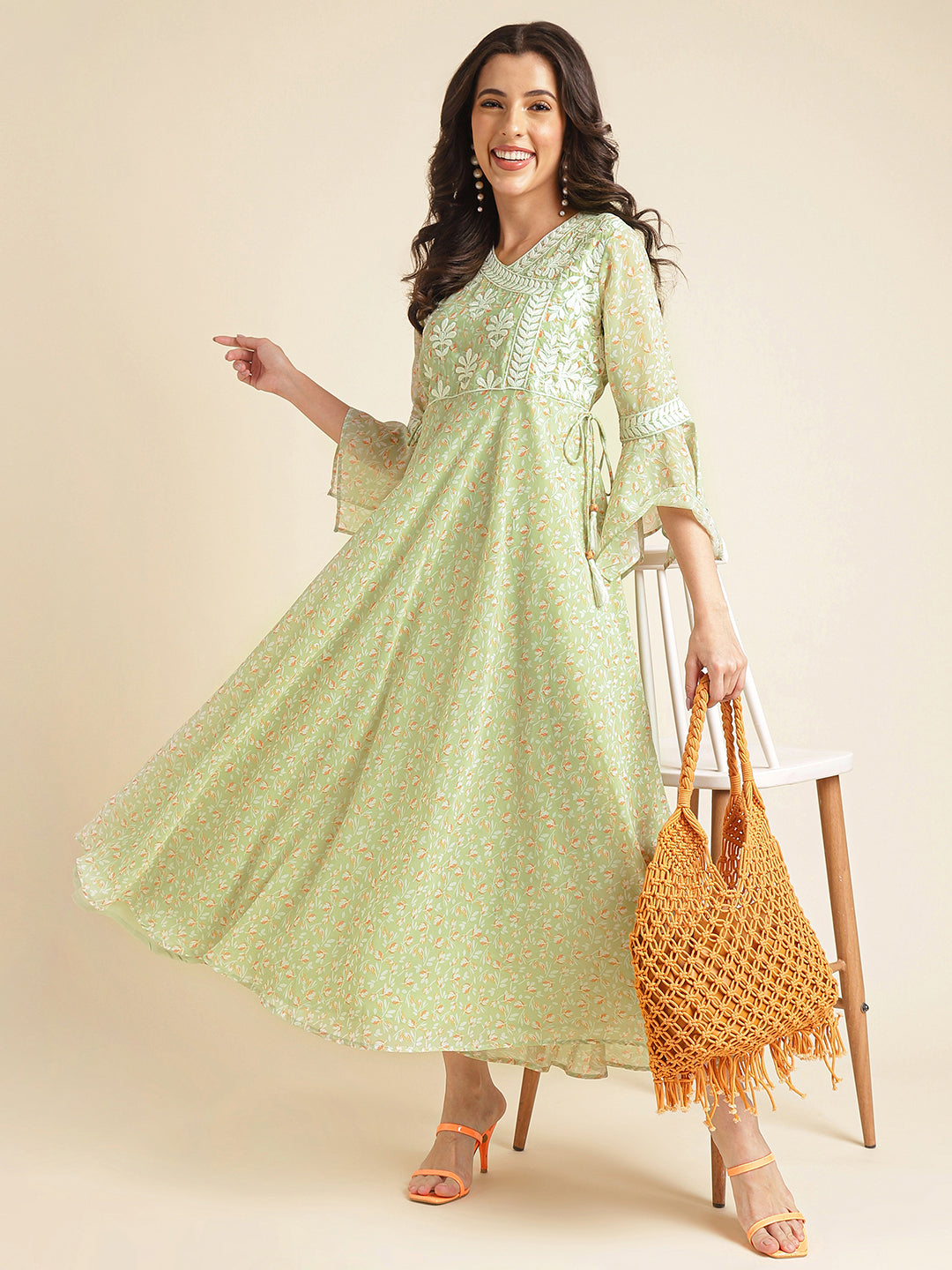 Light Green Printed & Embroidered Flared Georgette Gown