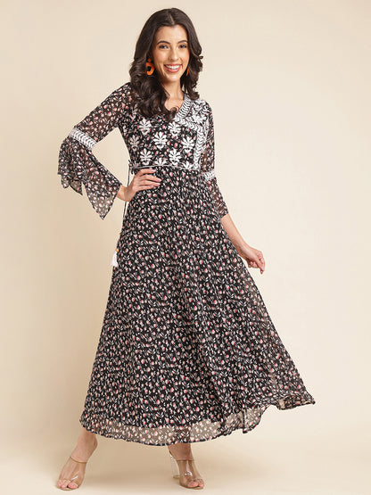 Black Printed & Embroidered Georgette Gown