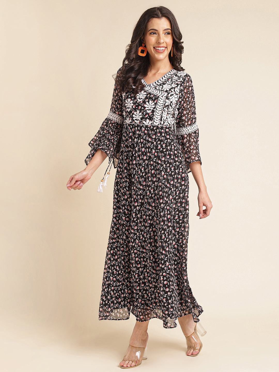 Black Printed & Embroidered Georgette Gown