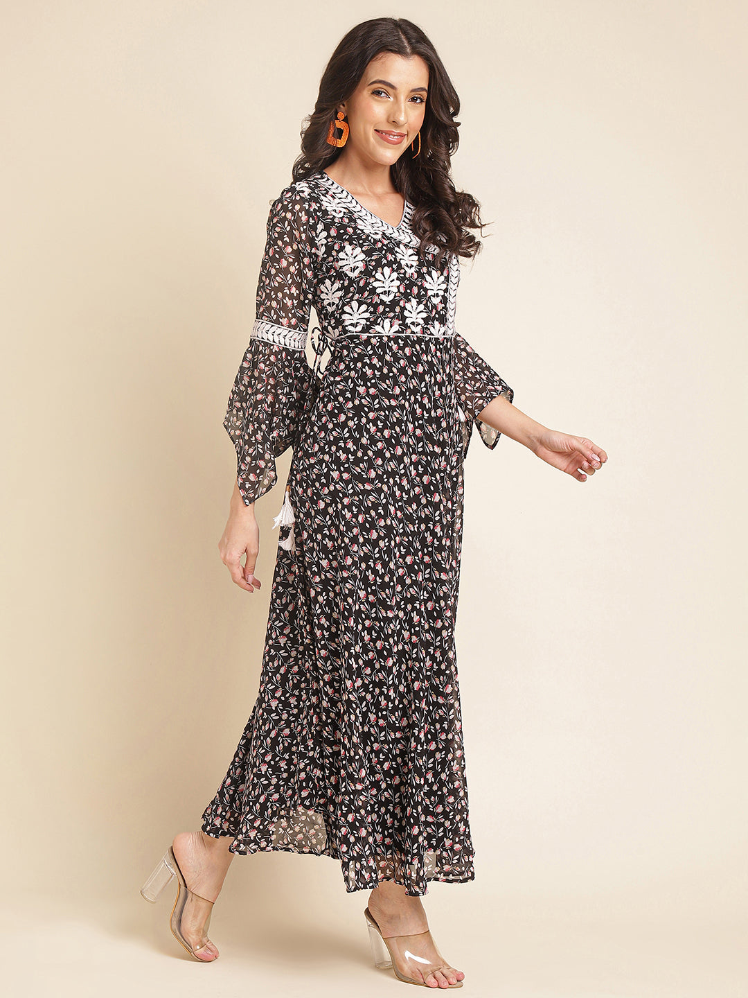 Black Printed & Embroidered Georgette Gown