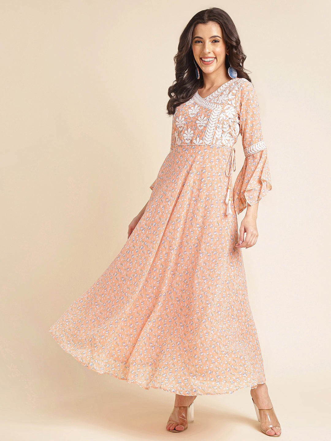 Light Peach Printed & Embroidered Flared Georgette Gown