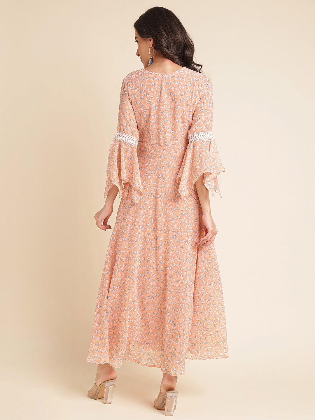 Light Peach Printed & Embroidered Flared Georgette Gown