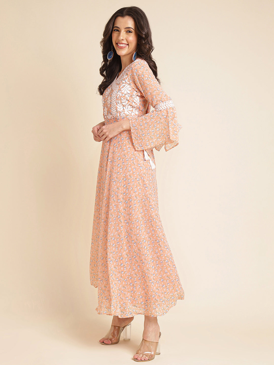 Light Peach Printed & Embroidered Flared Georgette Gown