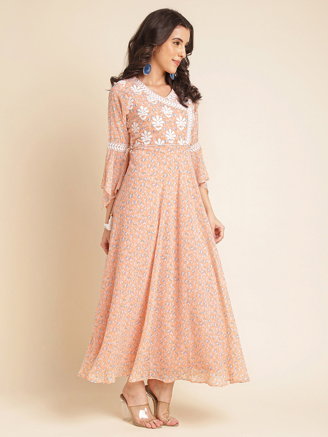 Light Peach Printed & Embroidered Flared Georgette Gown