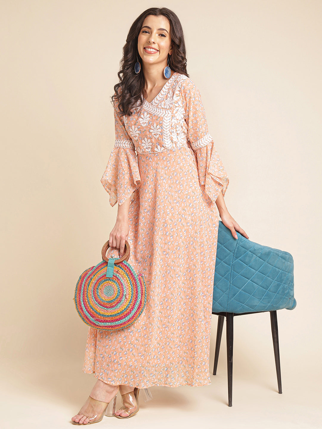 Light Peach Printed & Embroidered Flared Georgette Gown