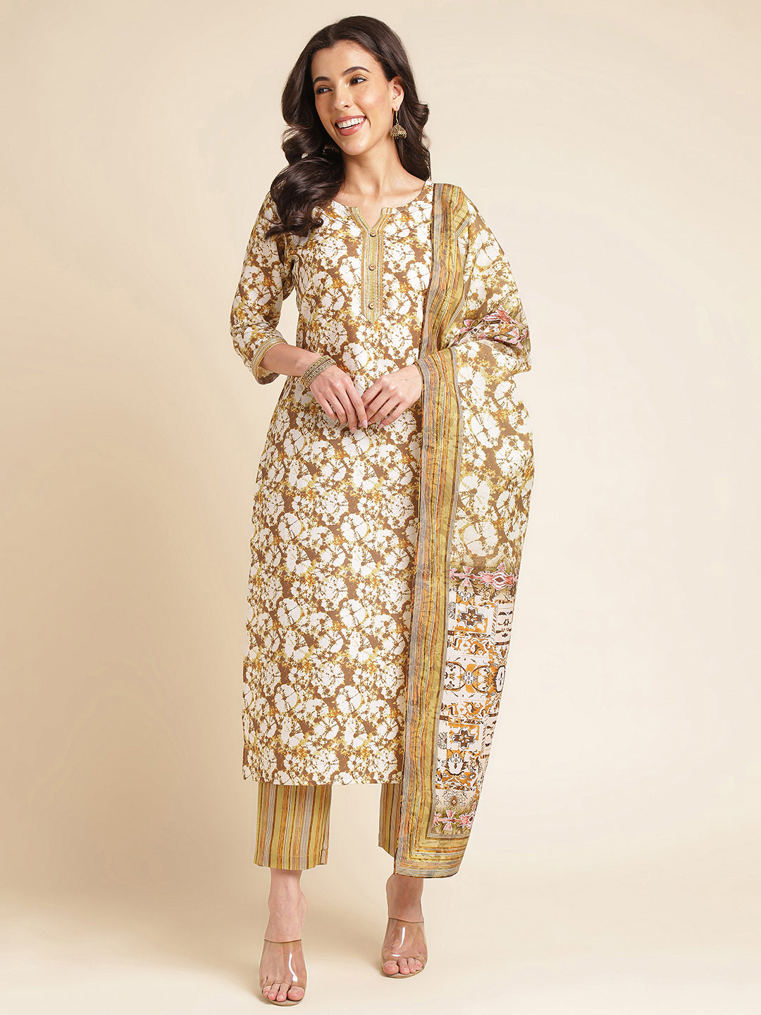 Brown Floral Printed A-line Muslin Kurta Set