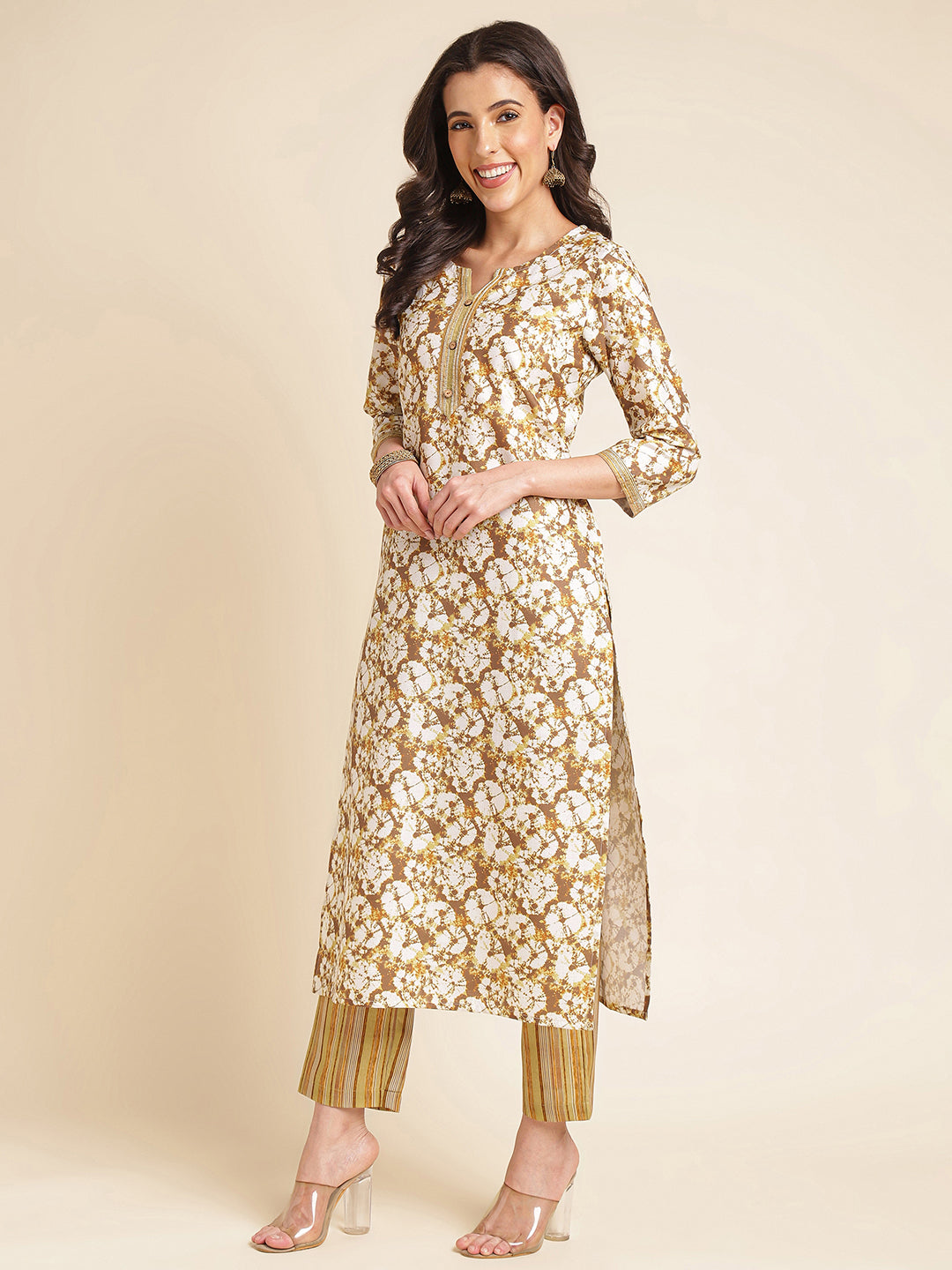 Brown Floral Printed A-line Muslin Kurta Set