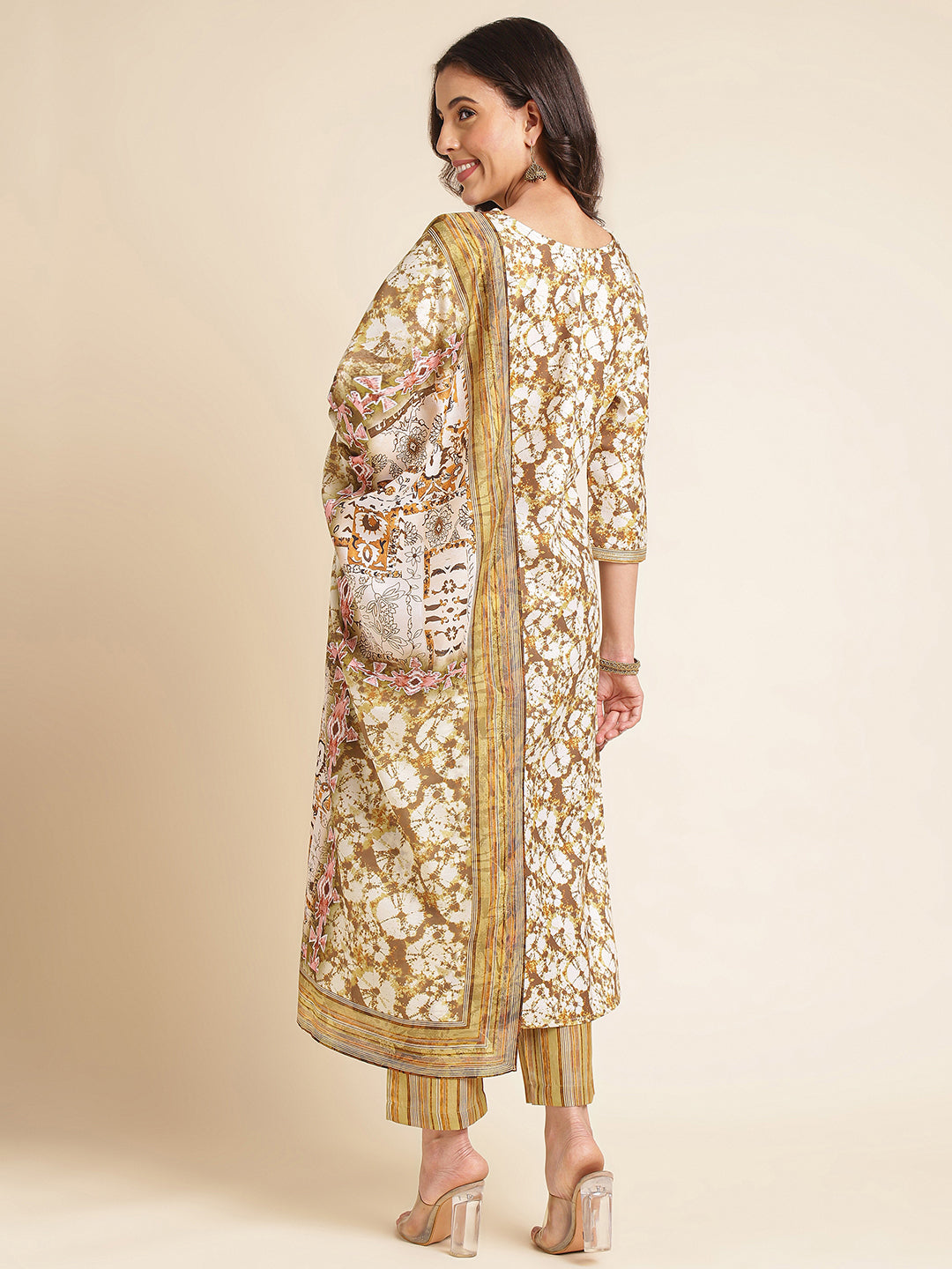 Brown Floral Printed A-line Muslin Kurta Set