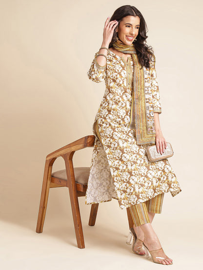 Brown Floral Printed A-line Muslin Kurta Set