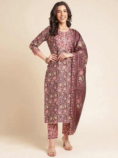 Rose Taupe Floral Printed A-line Muslin Kurta Set