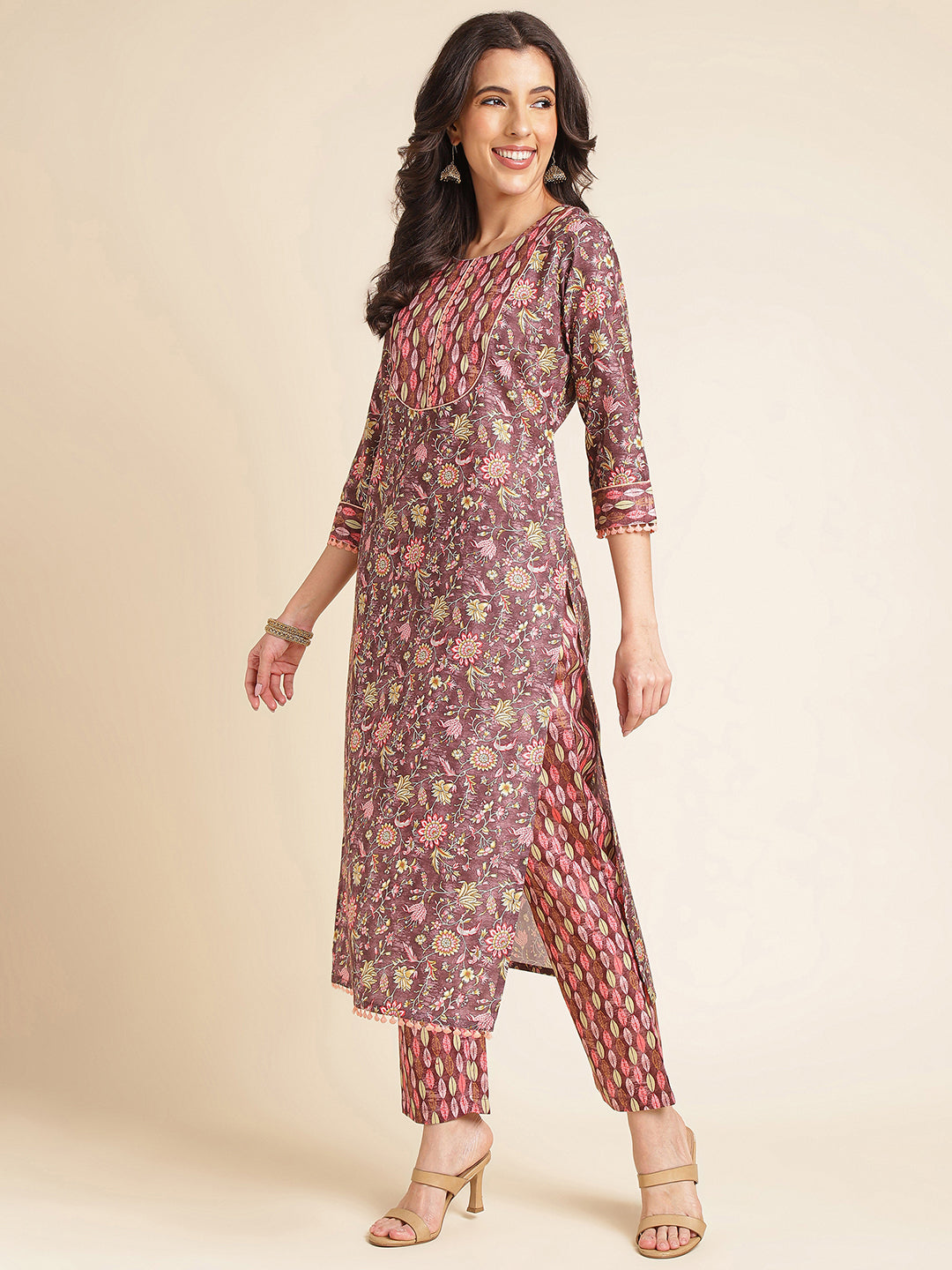 Rose Taupe Floral Printed A-line Muslin Kurta Set