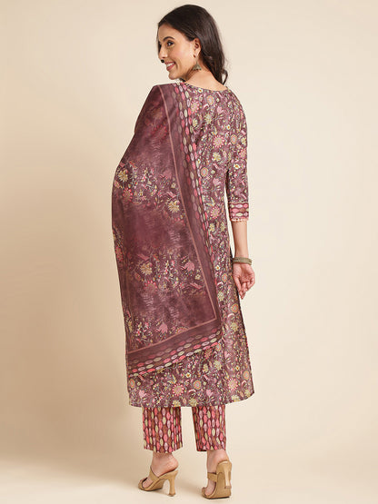 Rose Taupe Floral Printed A-line Muslin Kurta Set