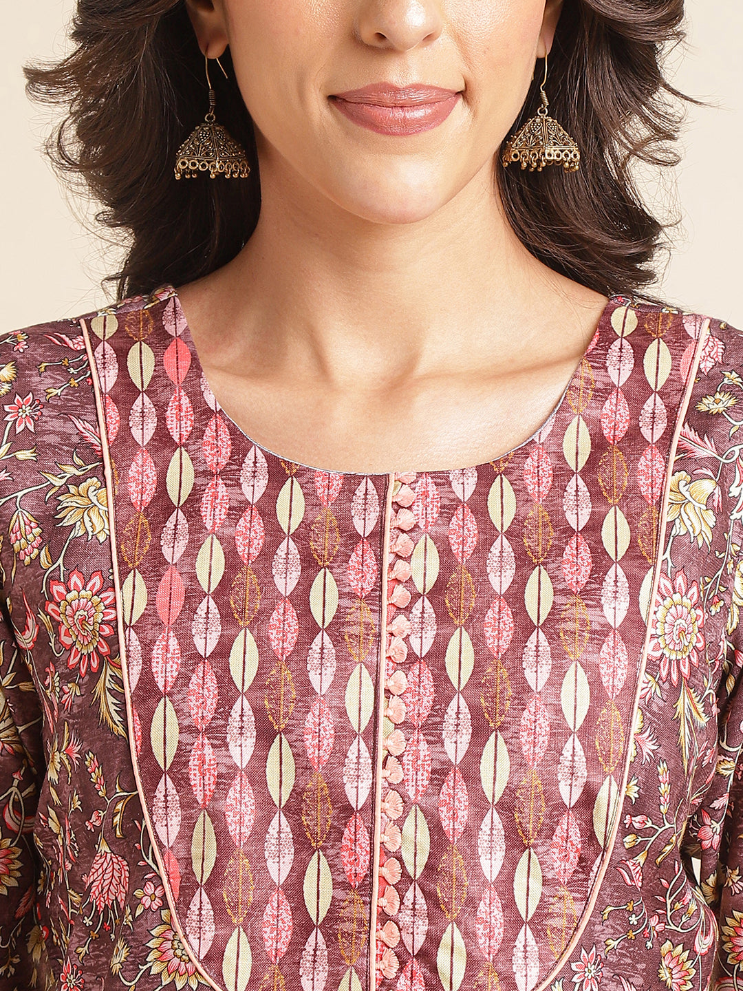 Rose Taupe Floral Printed A-line Muslin Kurta Set