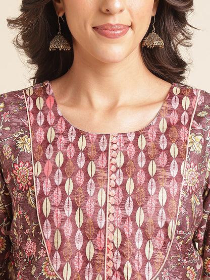 Rose Taupe Floral Printed A-line Muslin Kurta Set