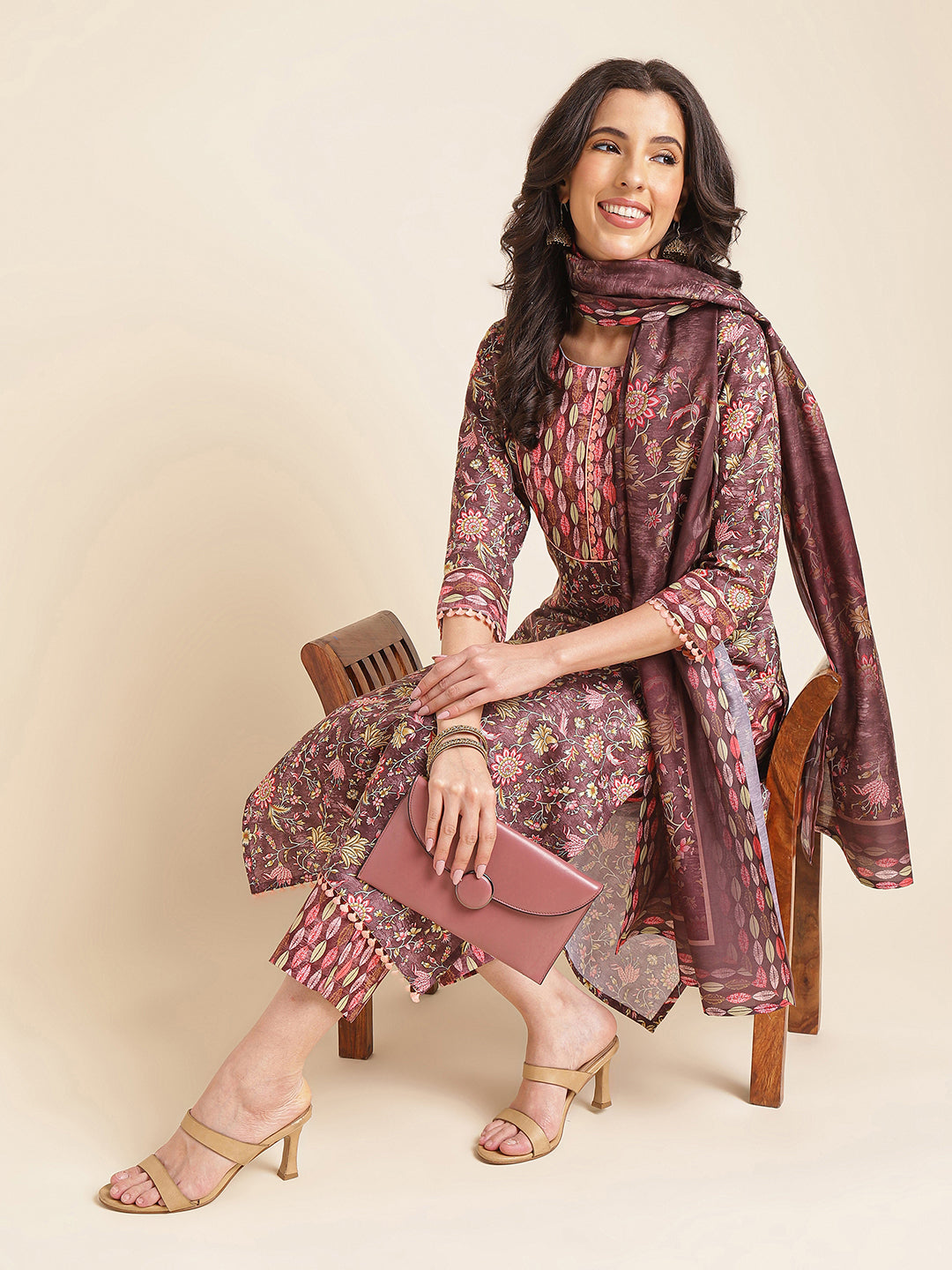 Rose Taupe Floral Printed A-line Muslin Kurta Set