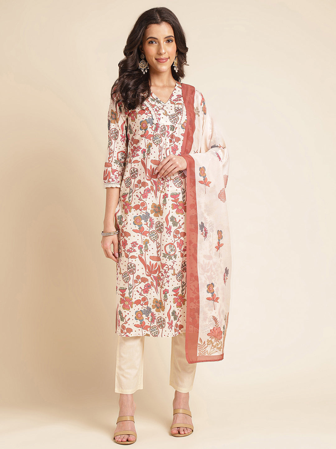 White Floral Pure Cotton Printed & Handwork Kurta Set