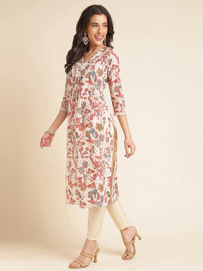 White Floral Pure Cotton Printed & Handwork Kurta Set