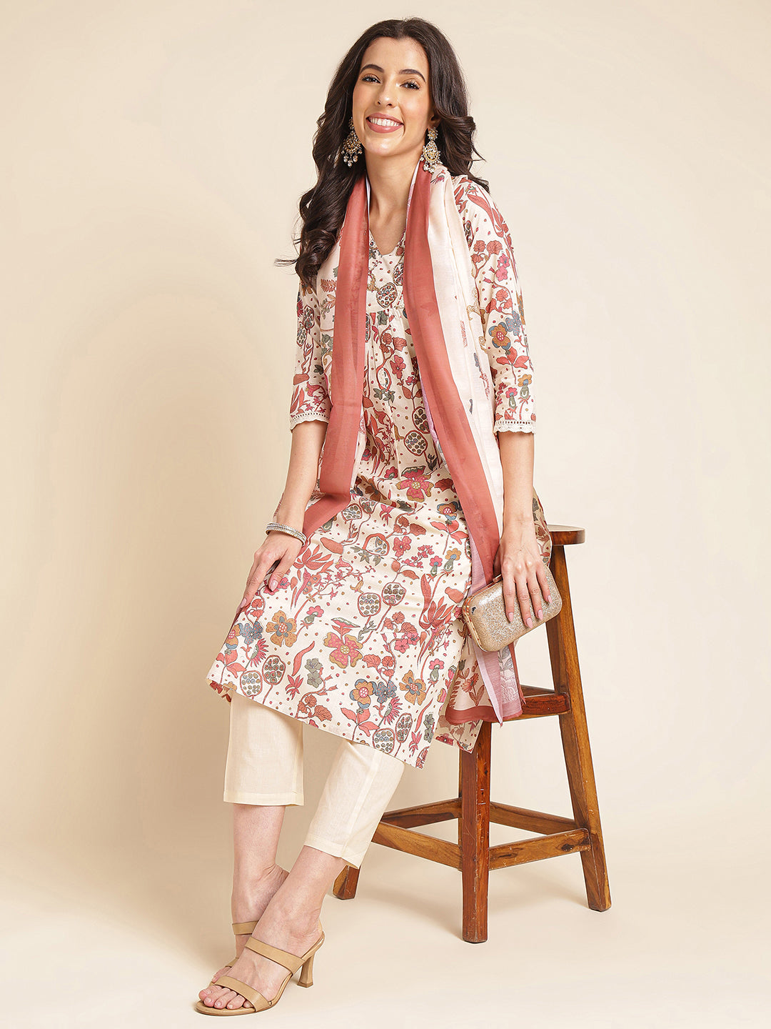 White Floral Pure Cotton Printed & Handwork Kurta Set