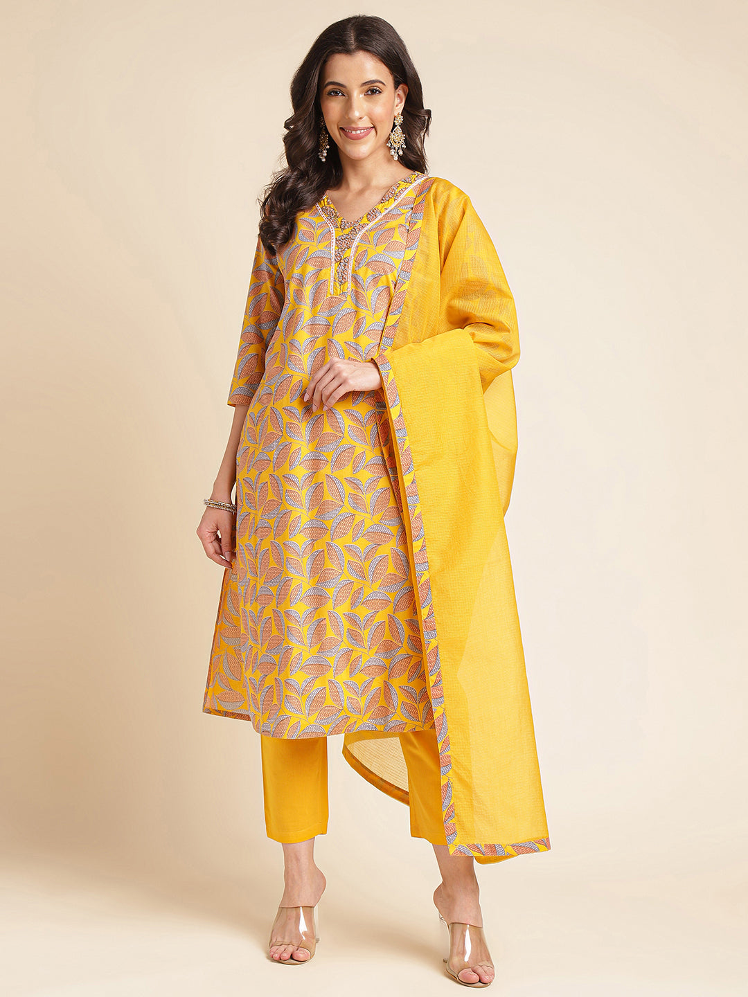 Yellow Floral Printed Cotton Blend Kurta Set