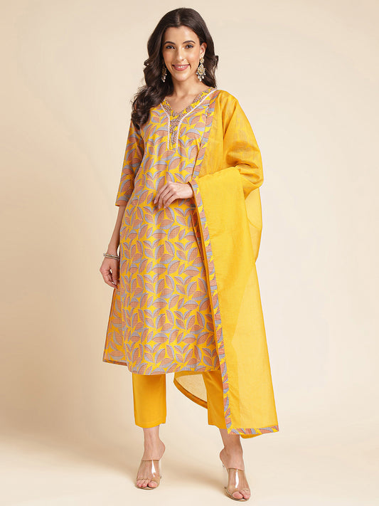 Yellow Floral Printed Cotton Blend Kurta Set