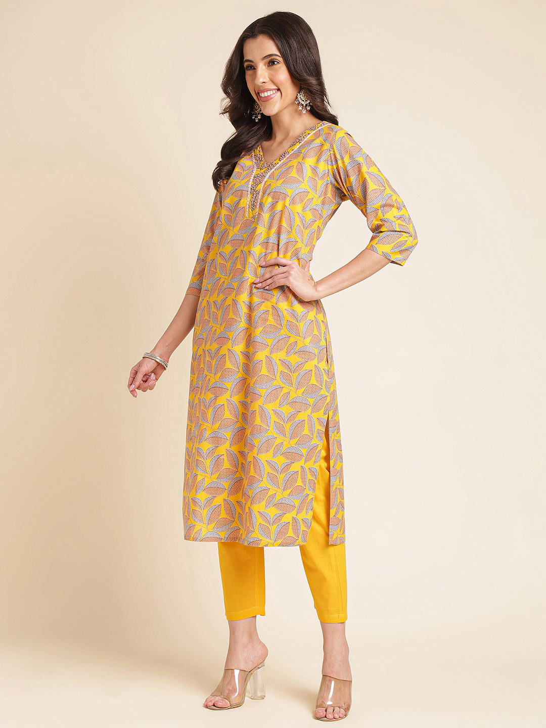 Yellow Floral Printed Cotton Blend Kurta Set