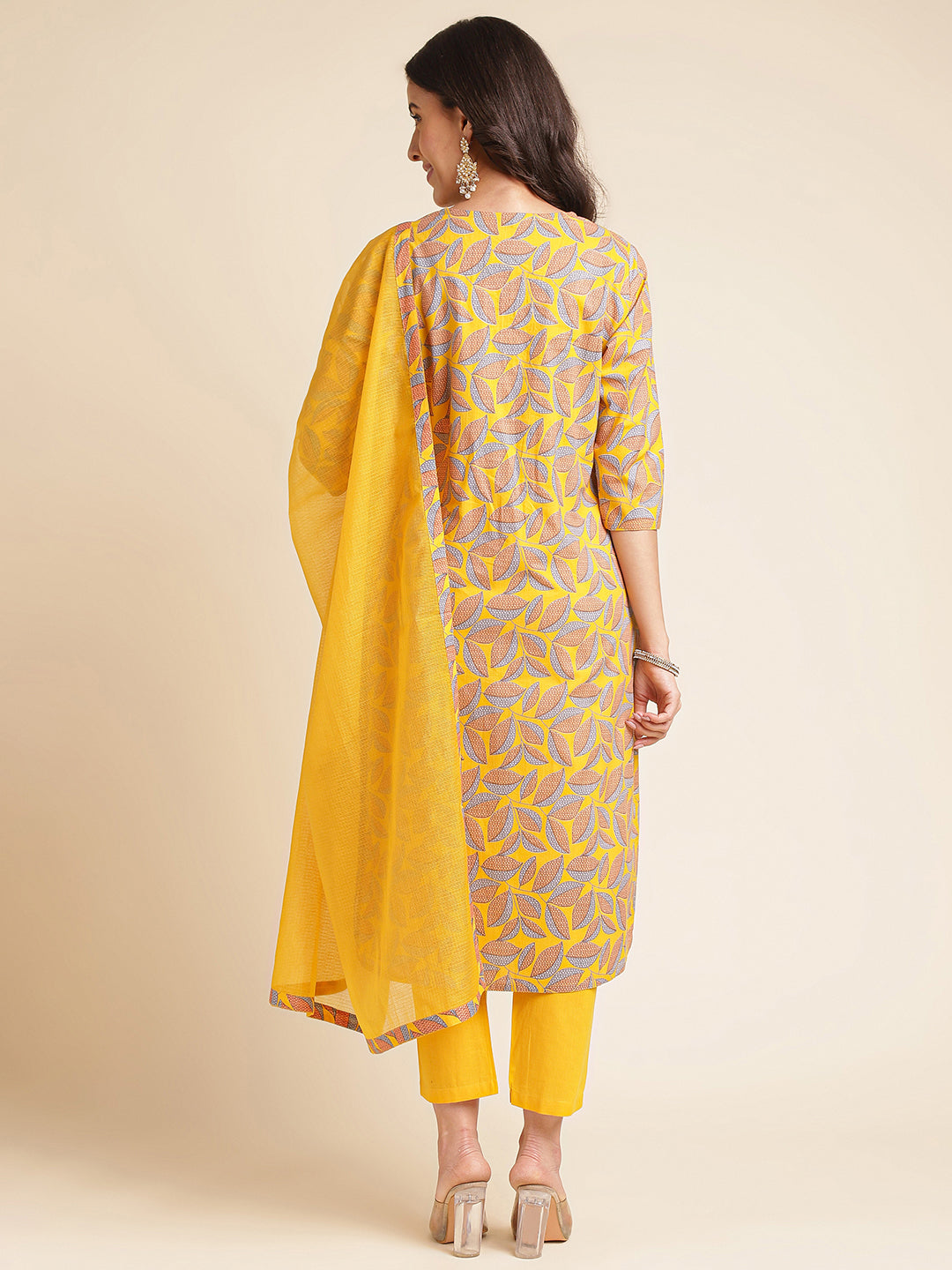 Yellow Floral Printed Cotton Blend Kurta Set