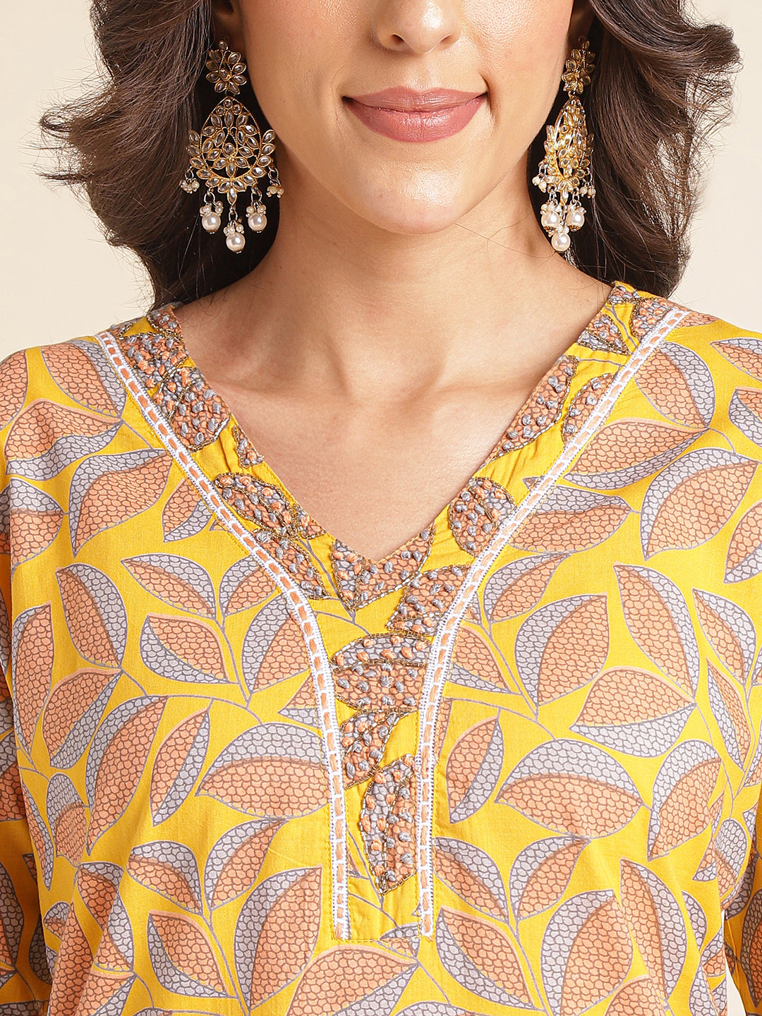 Yellow Floral Printed Cotton Blend Kurta Set