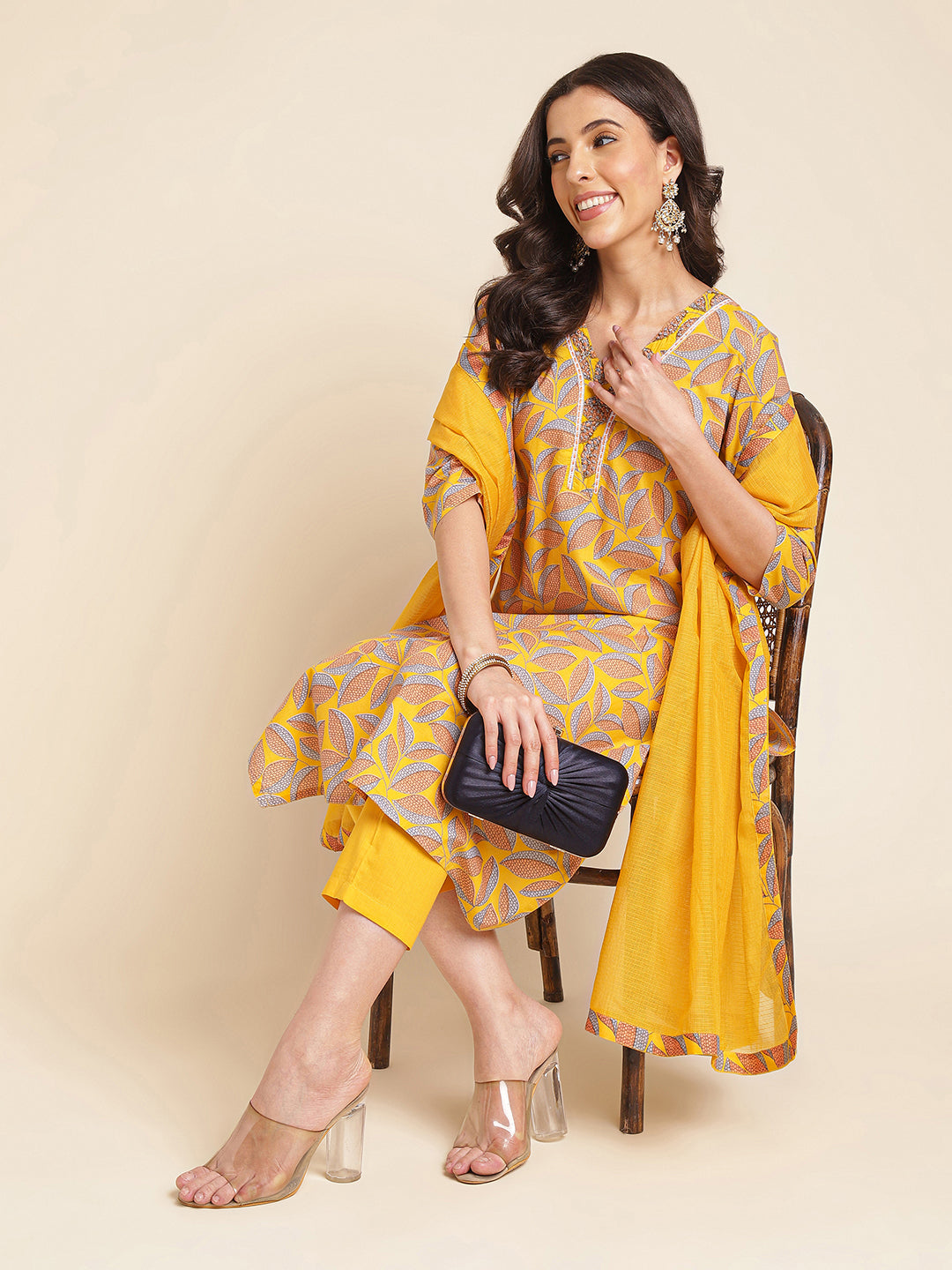 Yellow Floral Printed Cotton Blend Kurta Set