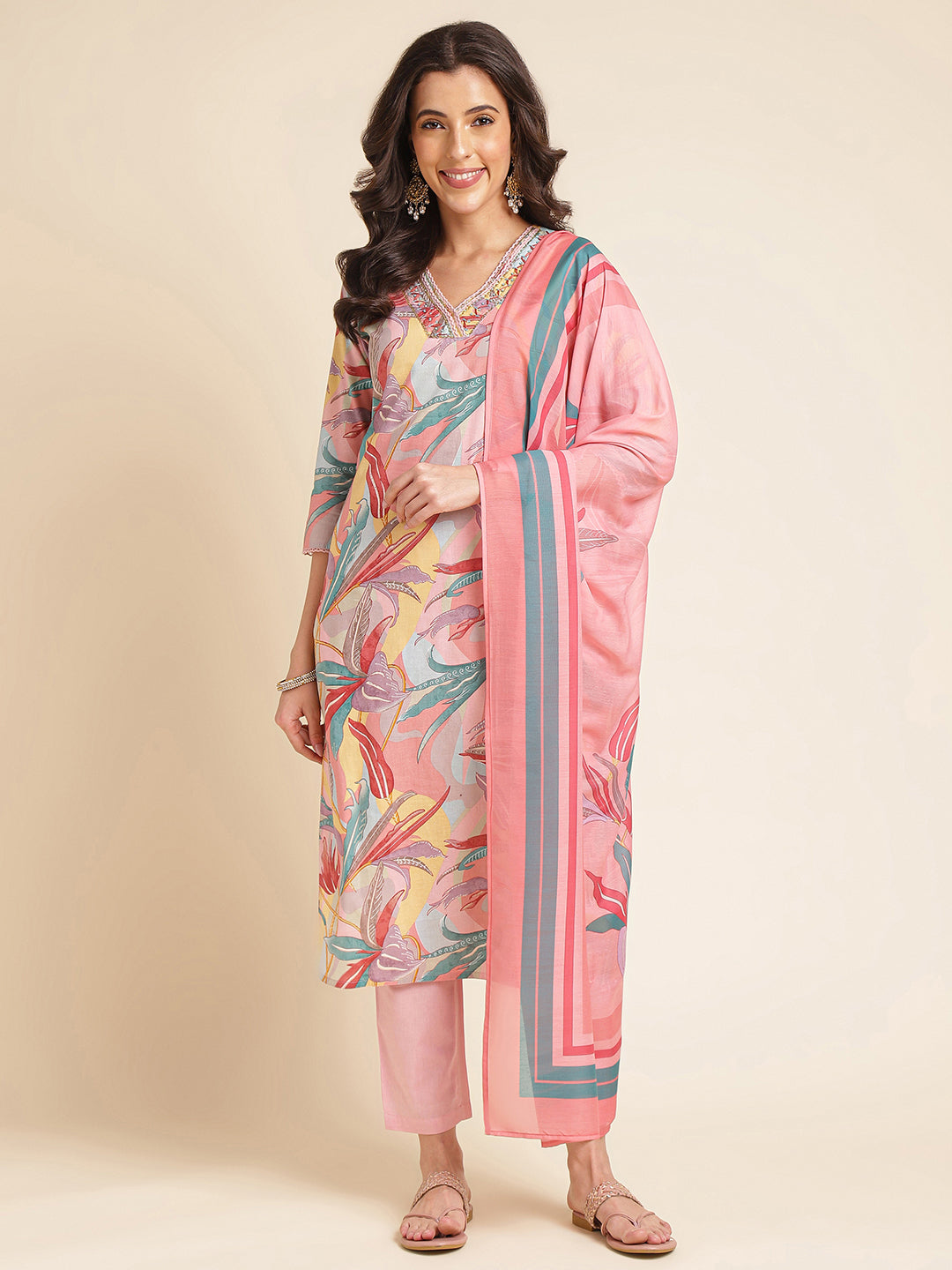 Pink Pure Cotton Printed & Handwork Kurta Set