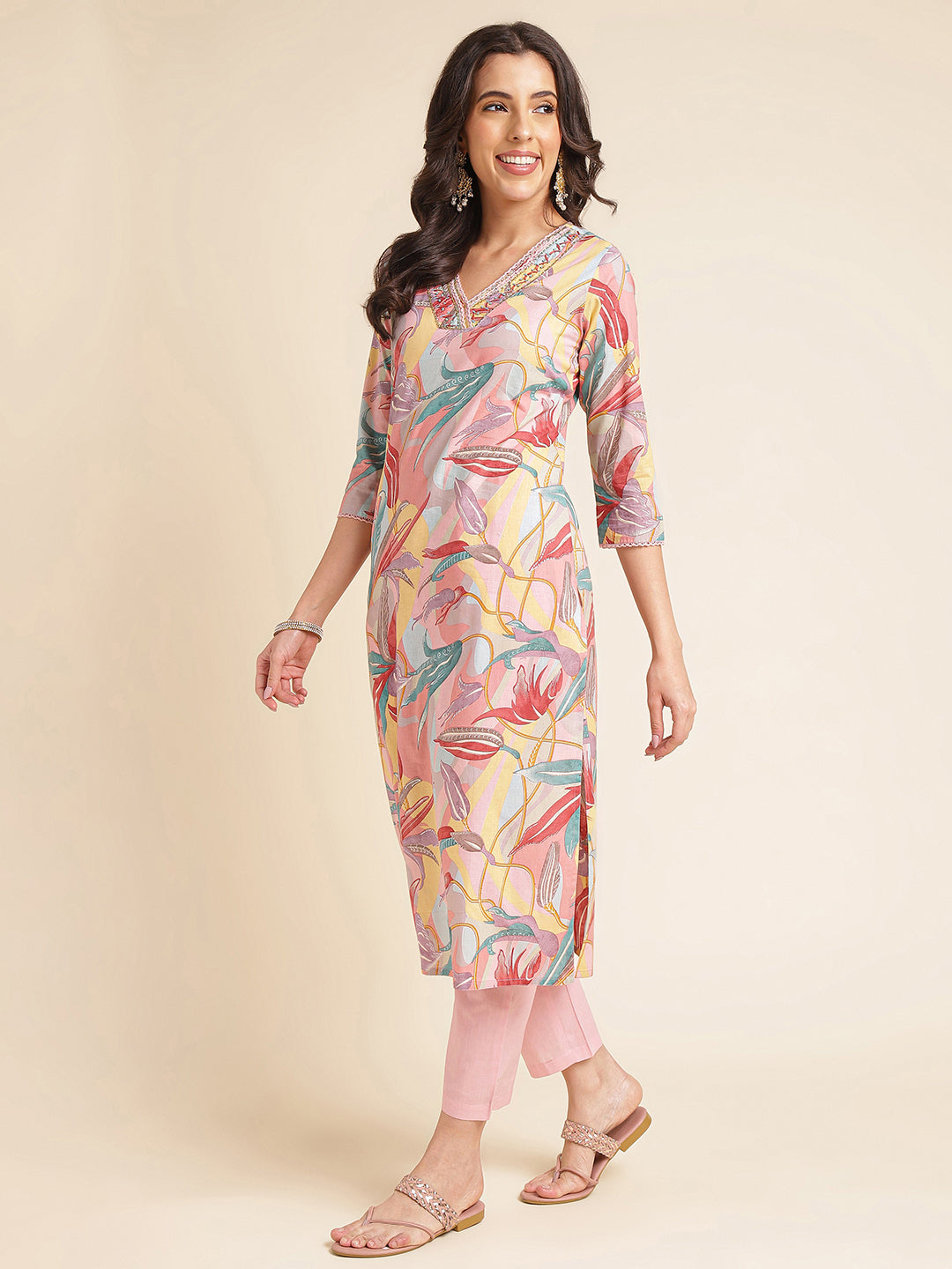 Pink Pure Cotton Printed & Handwork Kurta Set