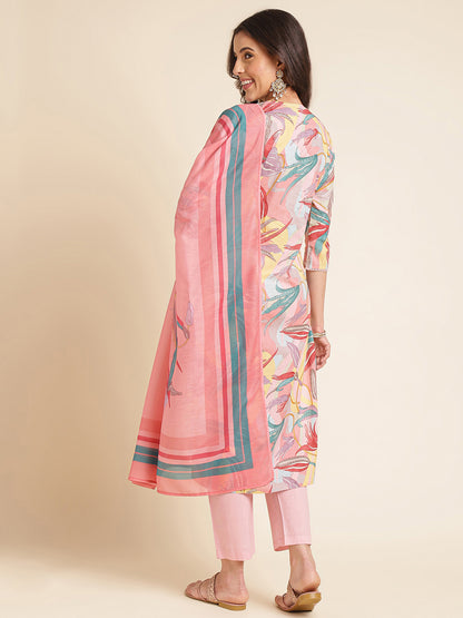 Pink Pure Cotton Printed & Handwork Kurta Set