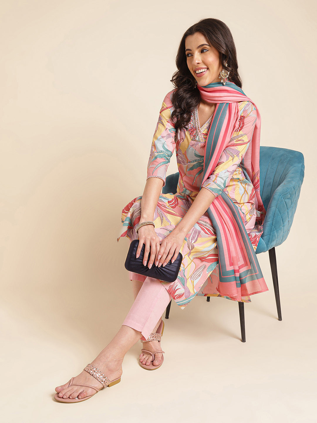 Pink Pure Cotton Printed & Handwork Kurta Set