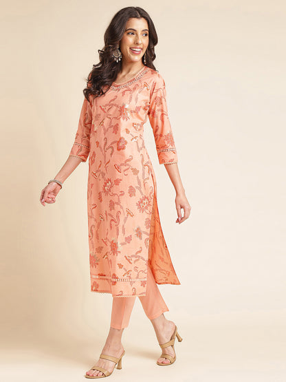 Orange Floral Pure Cotton Printed & Handwork Kurta Set